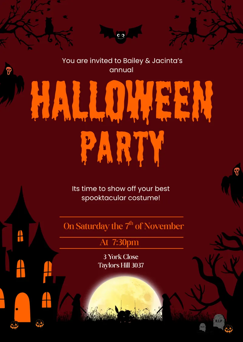 Bailey & Jacinta's Annual Halloween Party — Saturday 7 November 2026, 7:30pm, 3 York Close, Taylors Hill